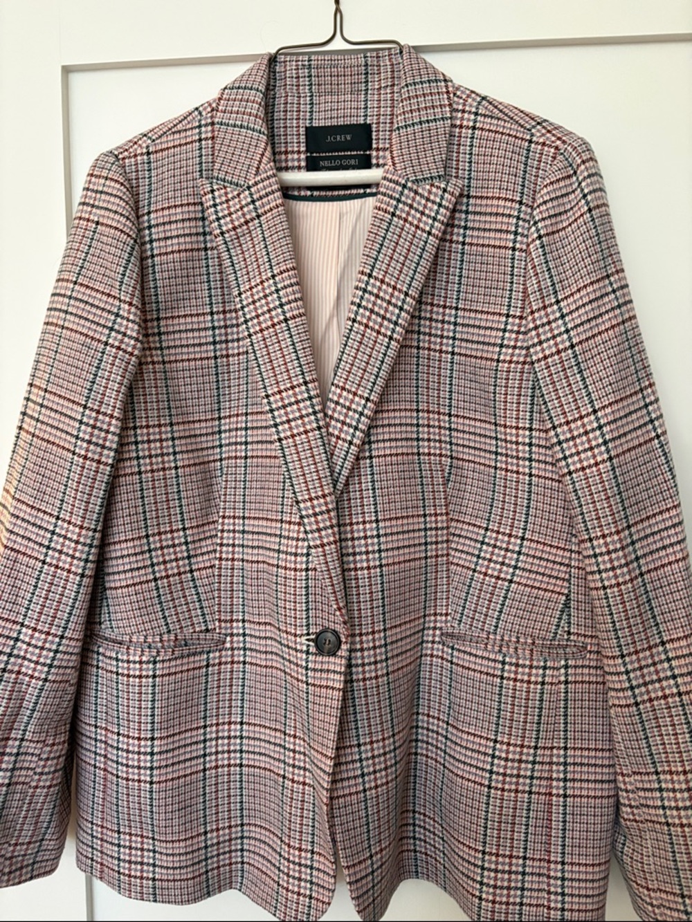 J. Crew Pink Plaid Single-Button Blazer with Black & Cream Accents